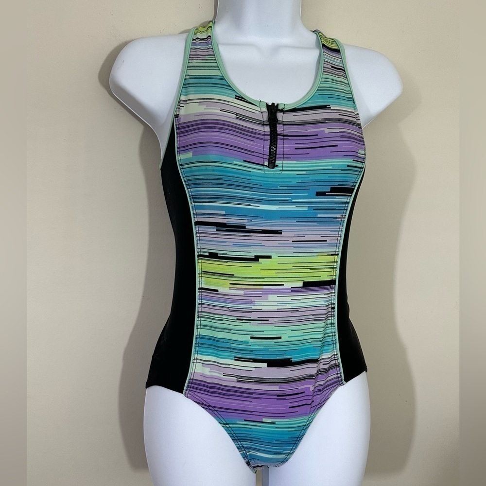 ZeroXPosur. Sz 12 swimsuit 1 piece.black with a colorful panel working zipper